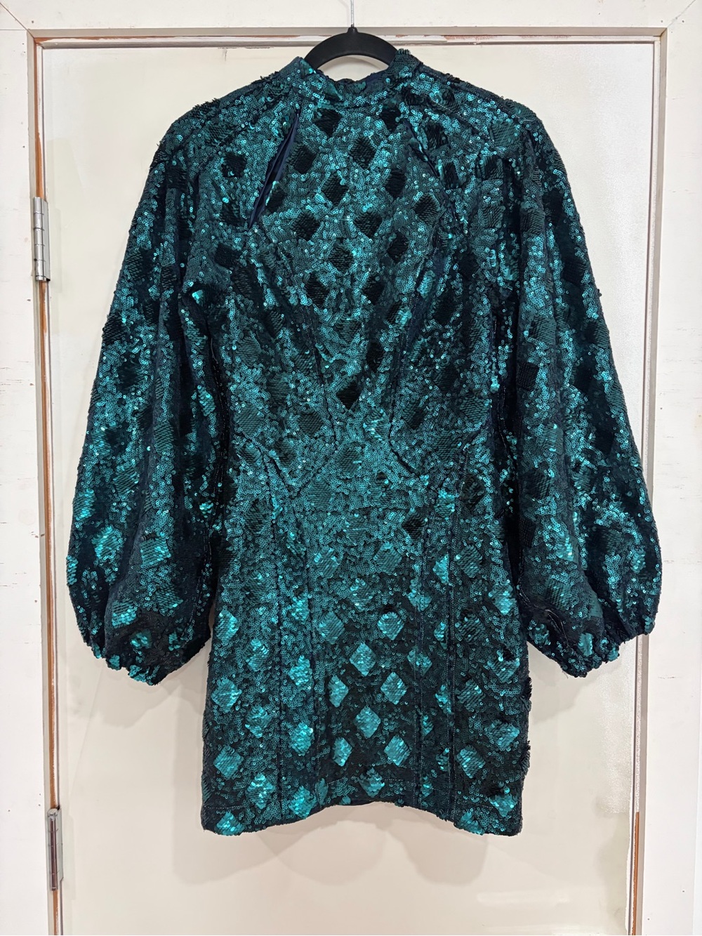 Free People Teal Emerald Sequin Puff-Sleeve Mini Dress